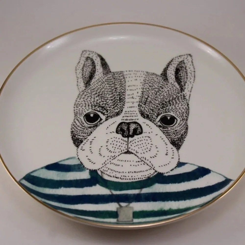 PIER 1 Book Club FRENCH BULLDOG Fine China Salad Plates Gold Trim Set/2